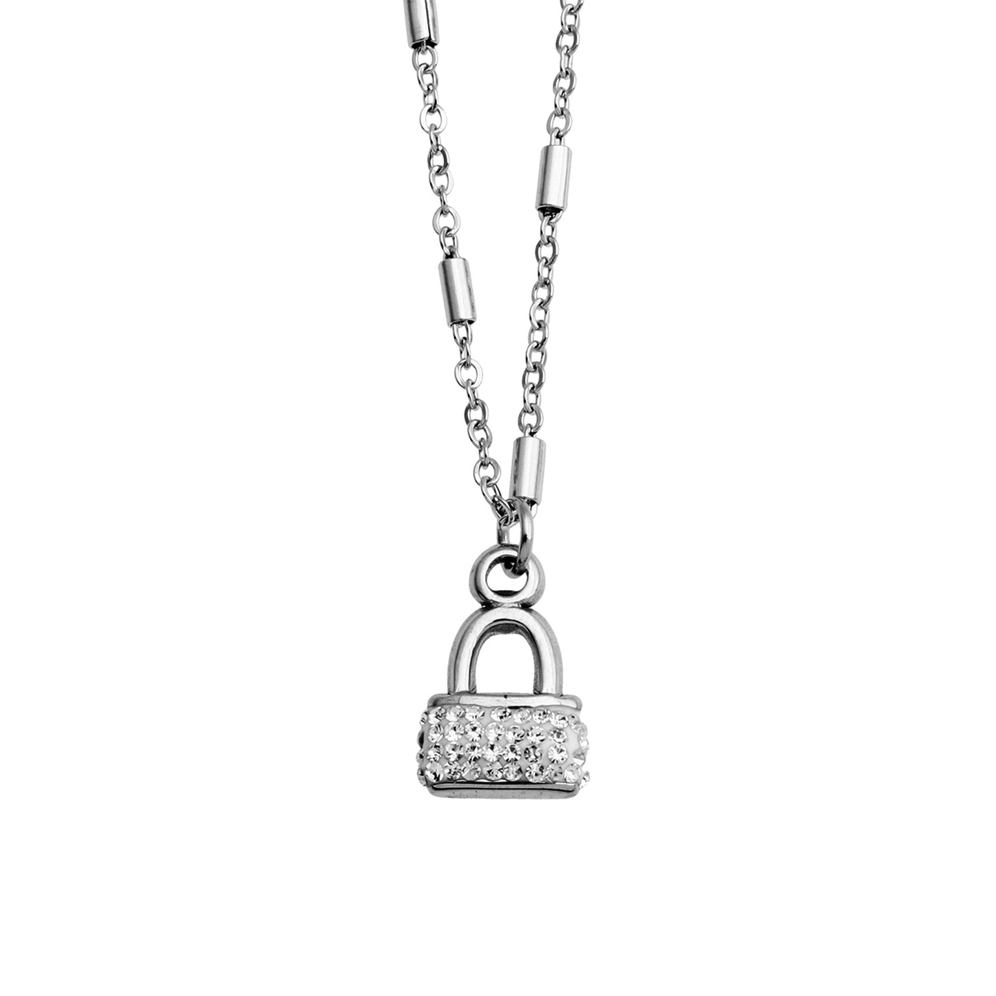 ABENI Tube Bead Chain Necklace with a Pavé Zirconia Pad Lock Pendant in Silver