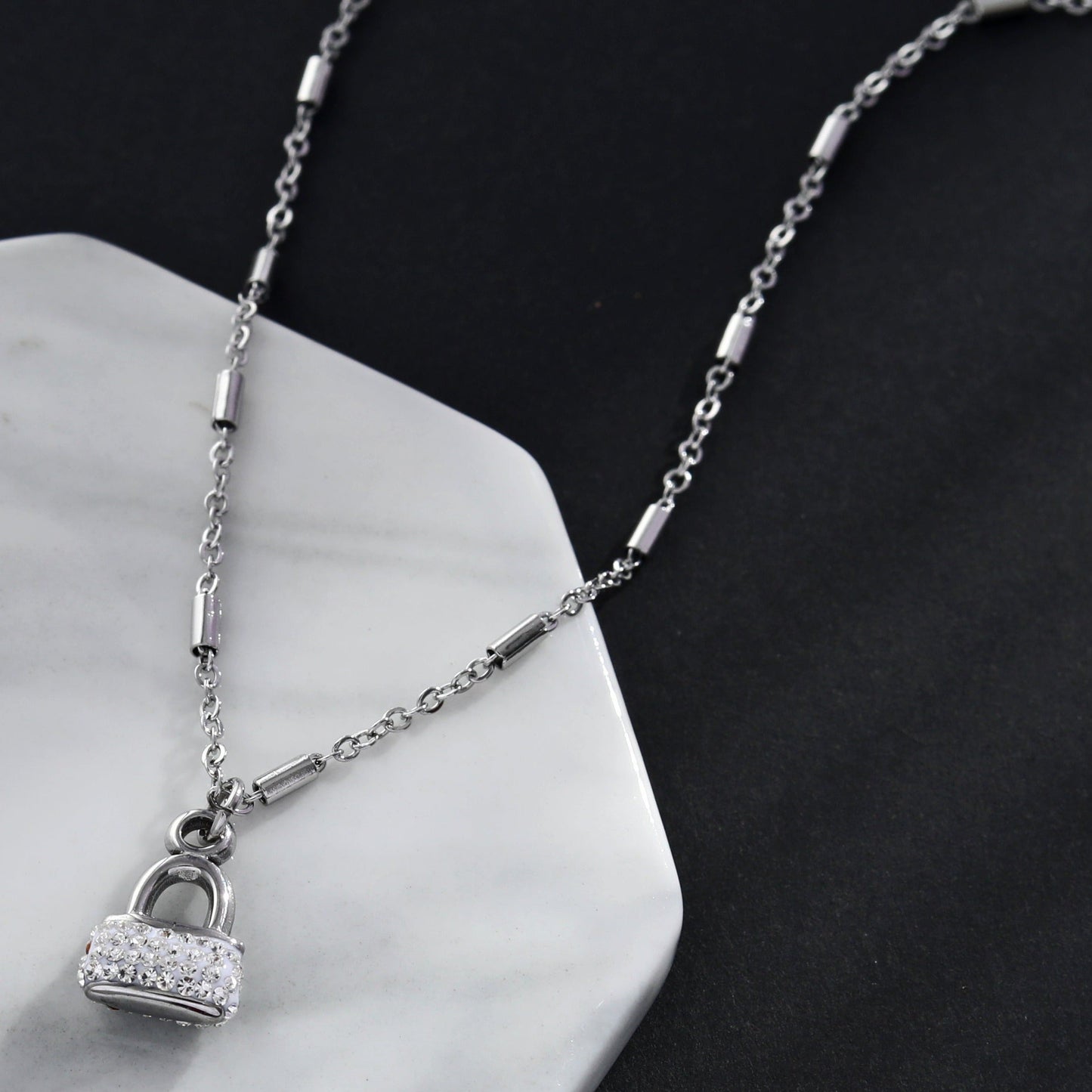 ABENI Tube Bead Chain Necklace with a Pavé Zirconia Pad Lock Pendant in Silver