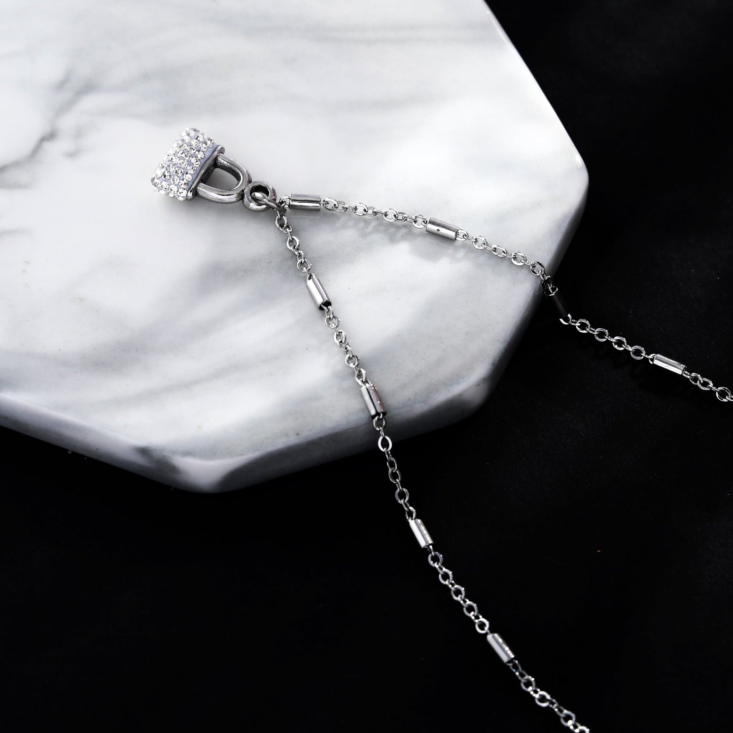ABENI Tube Bead Chain Necklace with a Pavé Zirconia Pad Lock Pendant in Silver