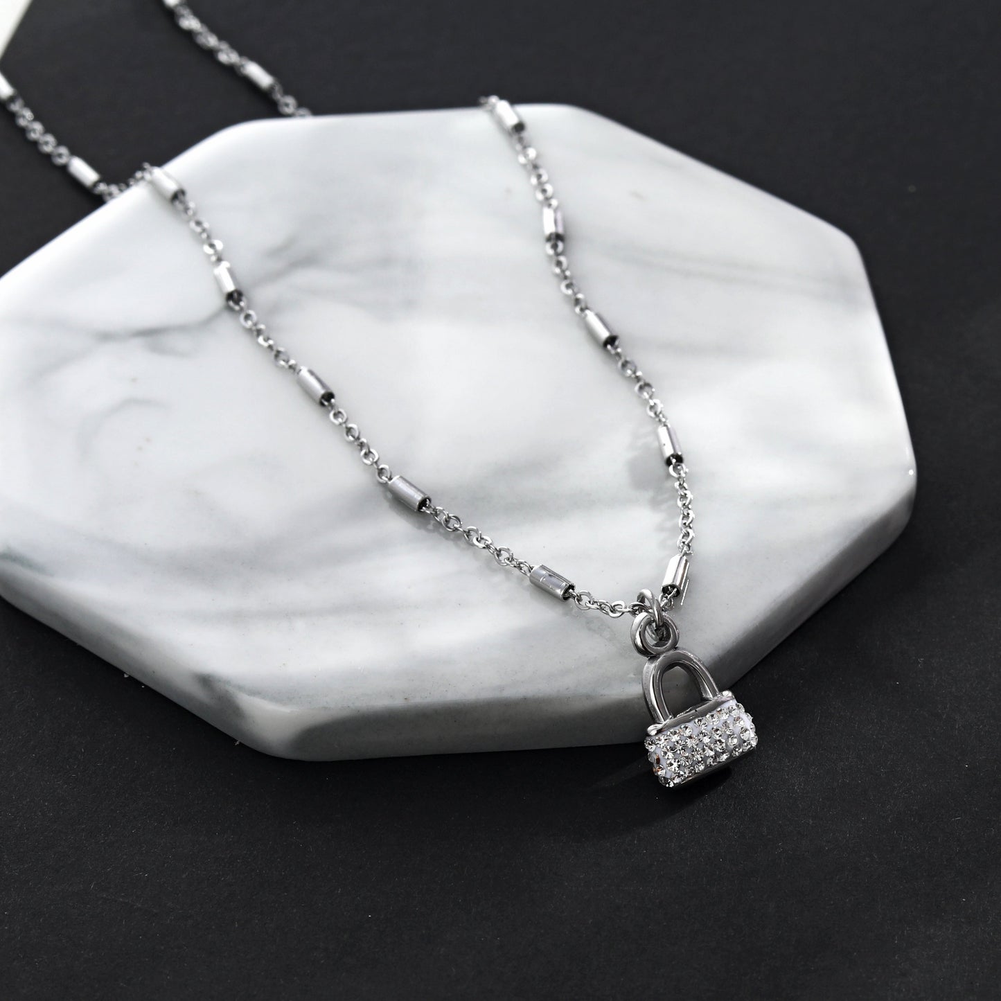 ABENI Tube Bead Chain Necklace with a Pavé Zirconia Pad Lock Pendant in Silver
