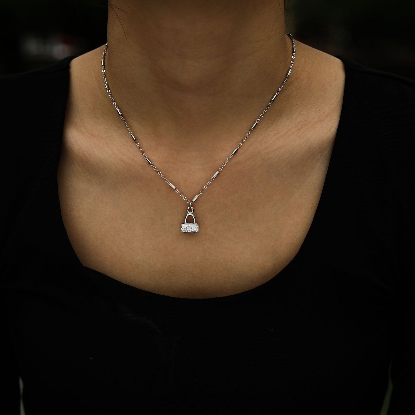 ABENI Tube Bead Chain Necklace with a Pavé Zirconia Pad Lock Pendant in Silver