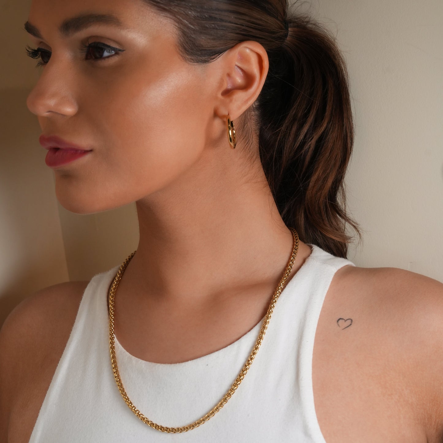 Style ACTON: Mid Width Byzantine Chain Necklace in Gold.