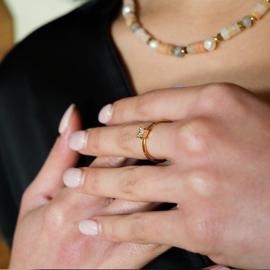 ADHIKA: Classic Gold Ring with a Square Zirconia Centerpiece