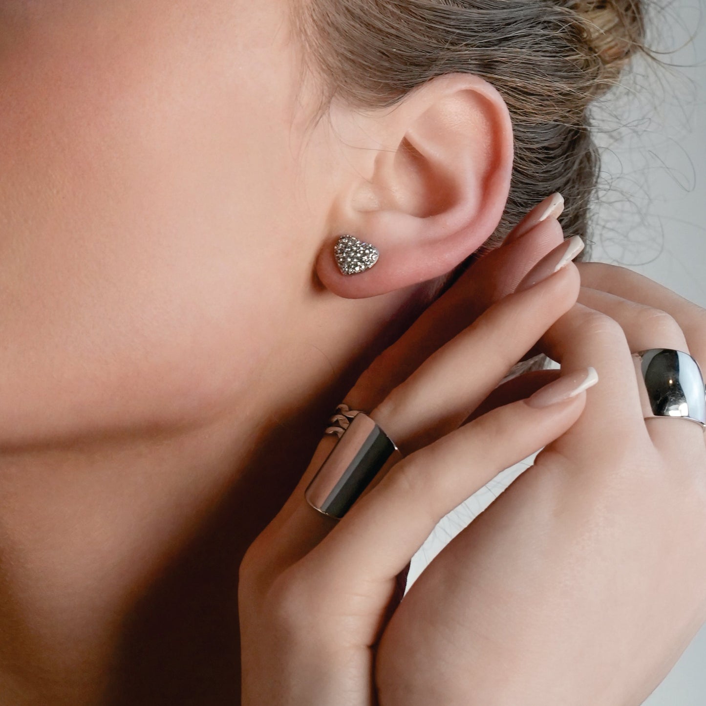 ADORE White Gold (Silver Toned): Pavé Zirconia (CZ) Heart Shaped Stud Earrings- Statement of Love