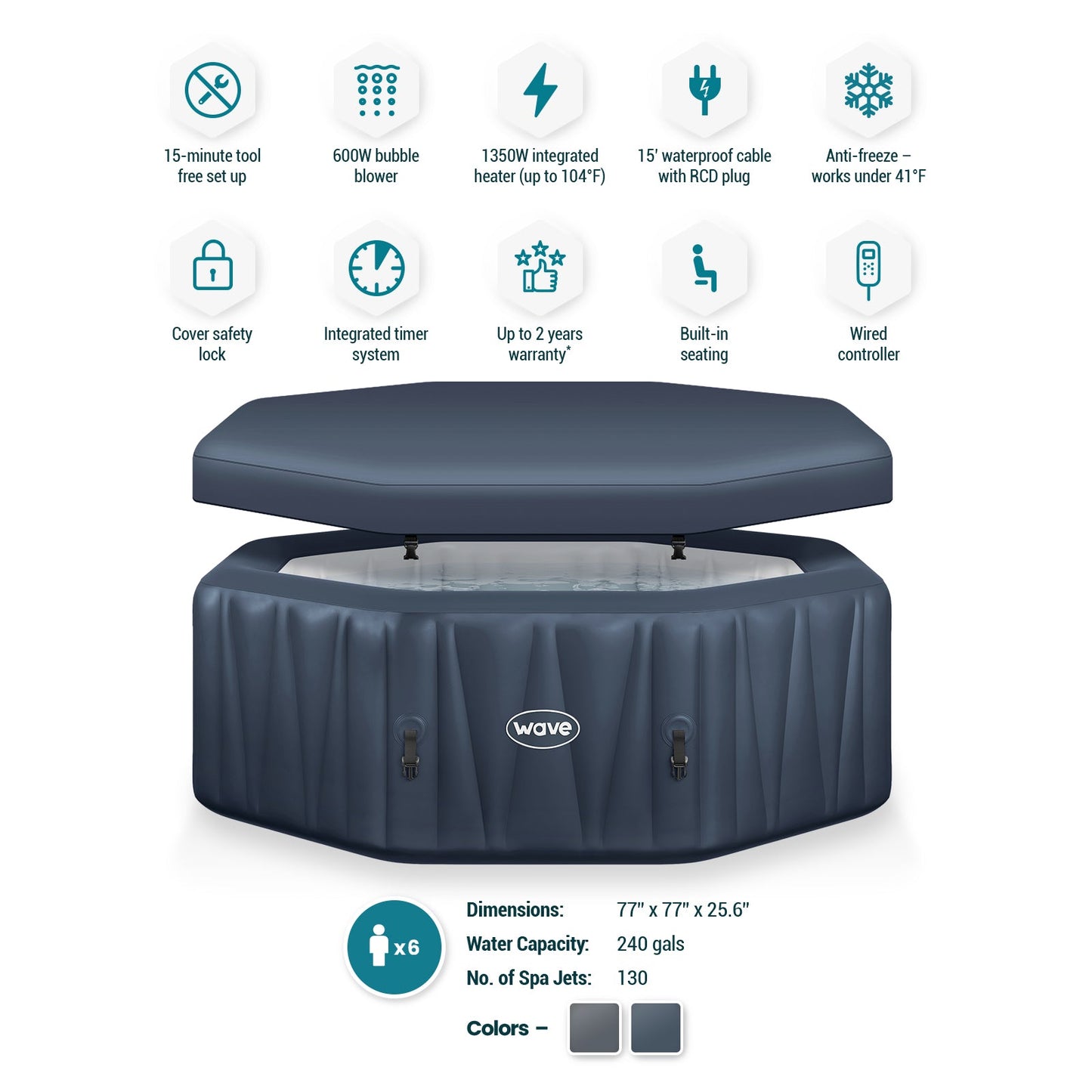 Wave | Aegean | 6-Person Inflatable Hot Tub | Octagon | Integrated Heater
