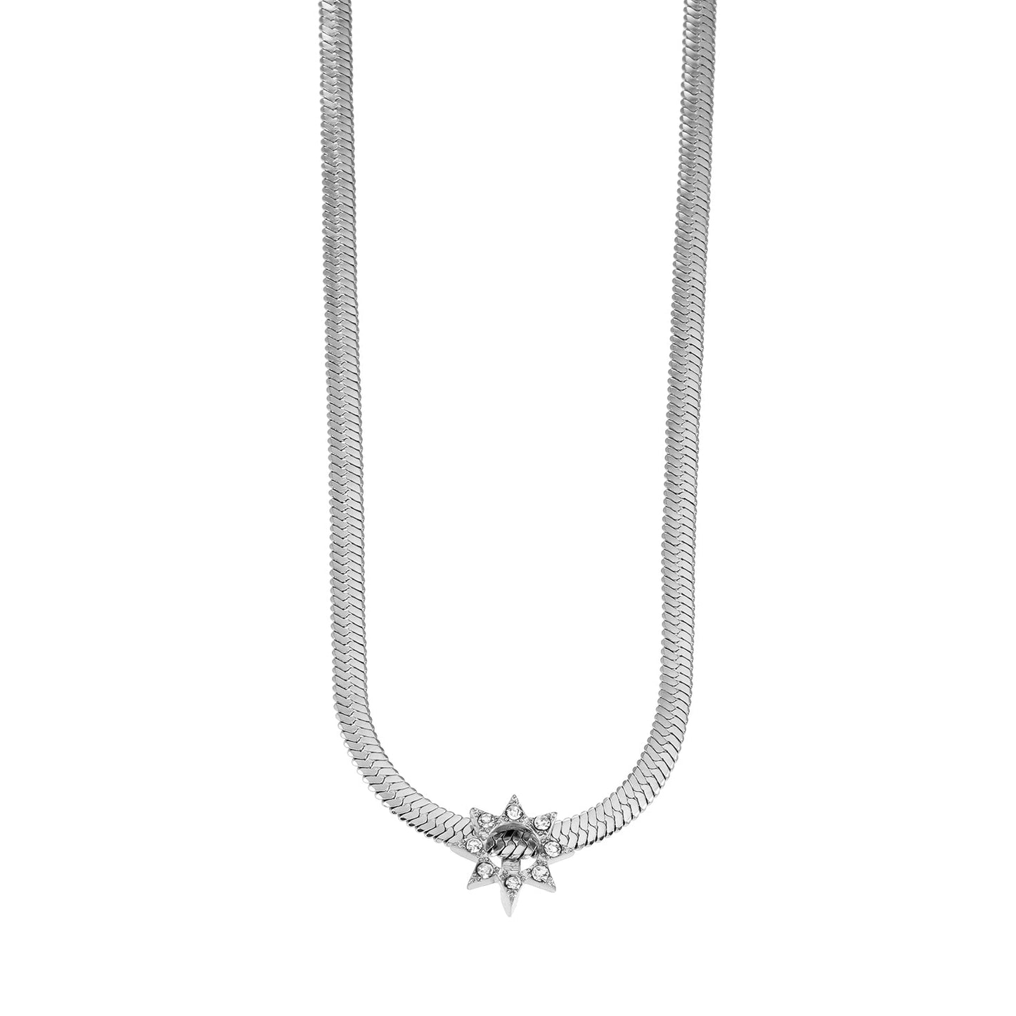 AGULHAS White Gold (Silver Toned): Celestial Elegance - Snake Skin Chain Necklace with Zirconia Embedded Star Charm