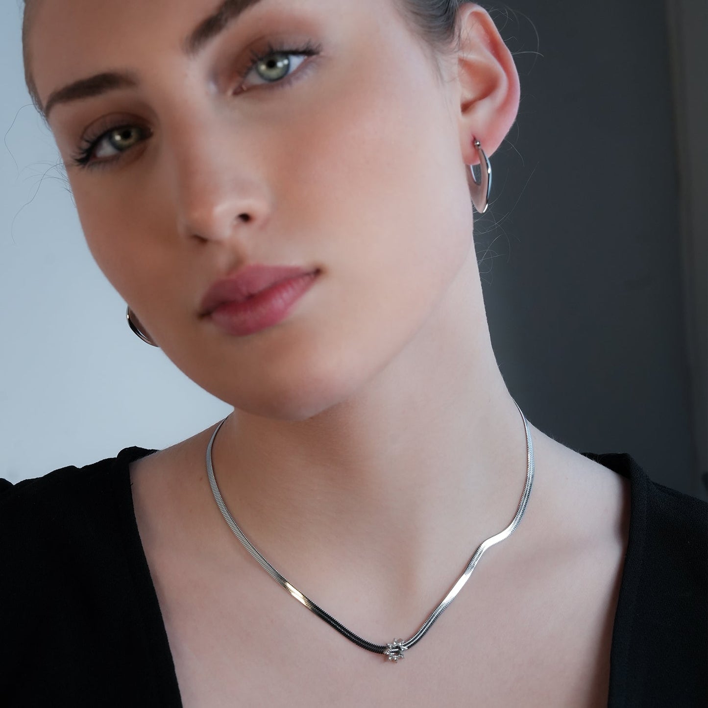 AGULHAS White Gold (Silver Toned): Celestial Elegance - Snake Skin Chain Necklace with Zirconia Embedded Star Charm