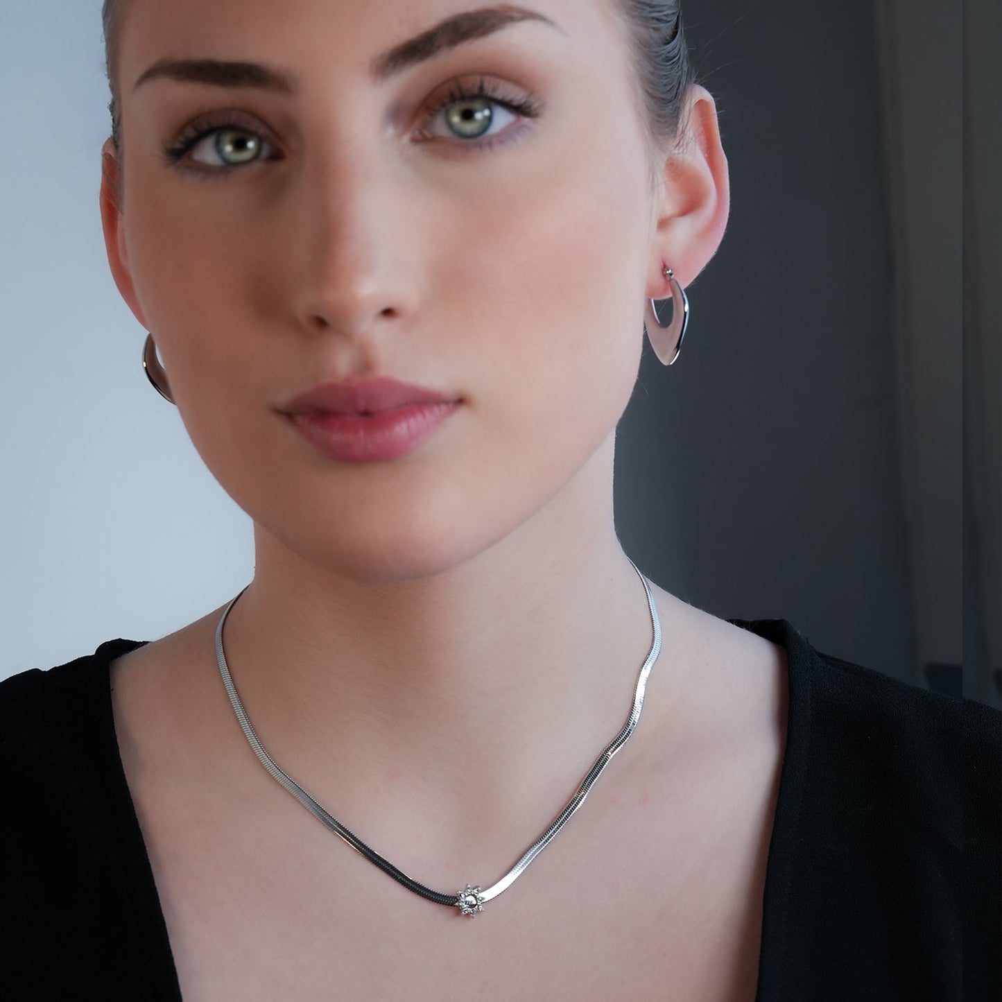 AGULHAS White Gold (Silver Toned): Celestial Elegance - Snake Skin Chain Necklace with Zirconia Embedded Star Charm