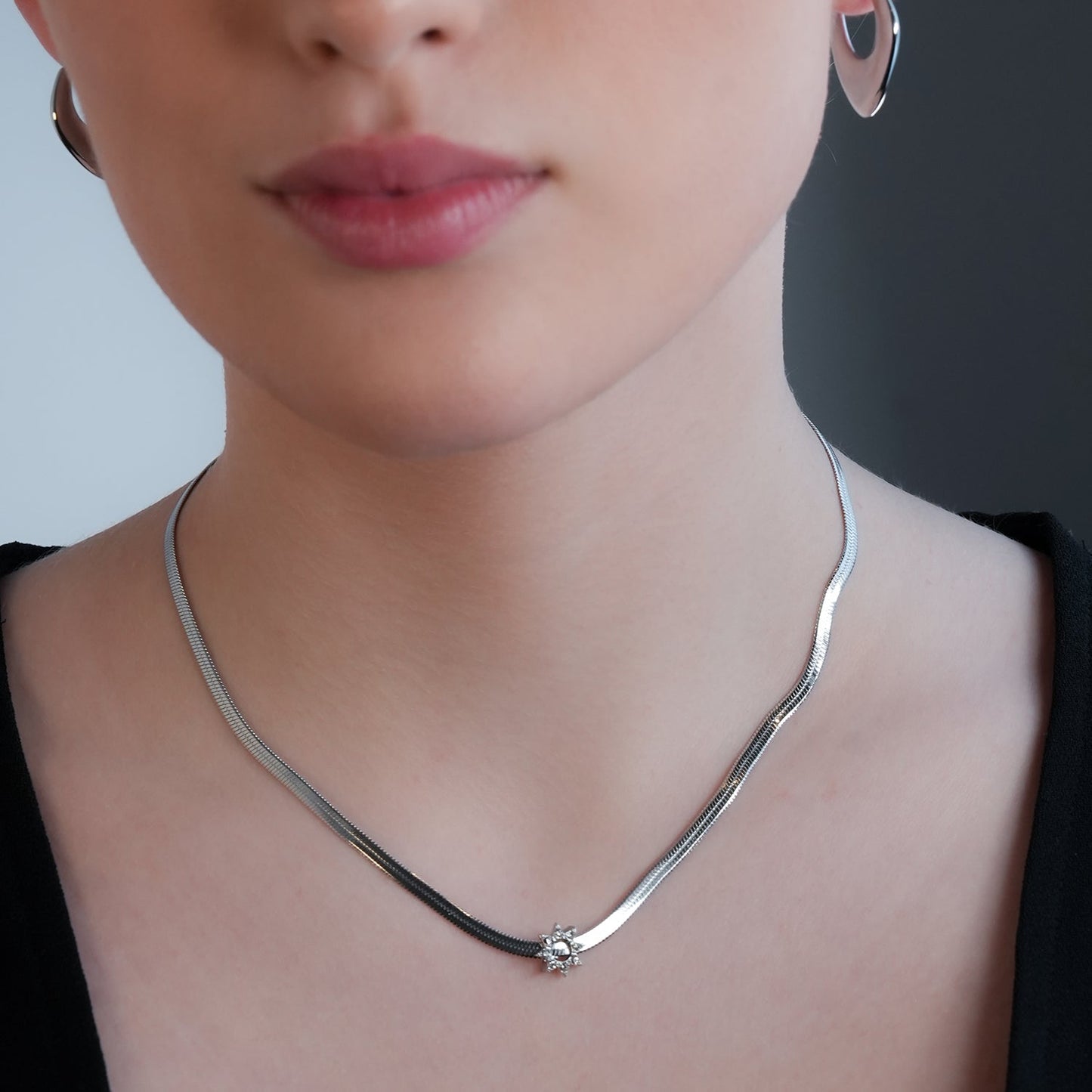 AGULHAS White Gold (Silver Toned): Celestial Elegance - Snake Skin Chain Necklace with Zirconia Embedded Star Charm