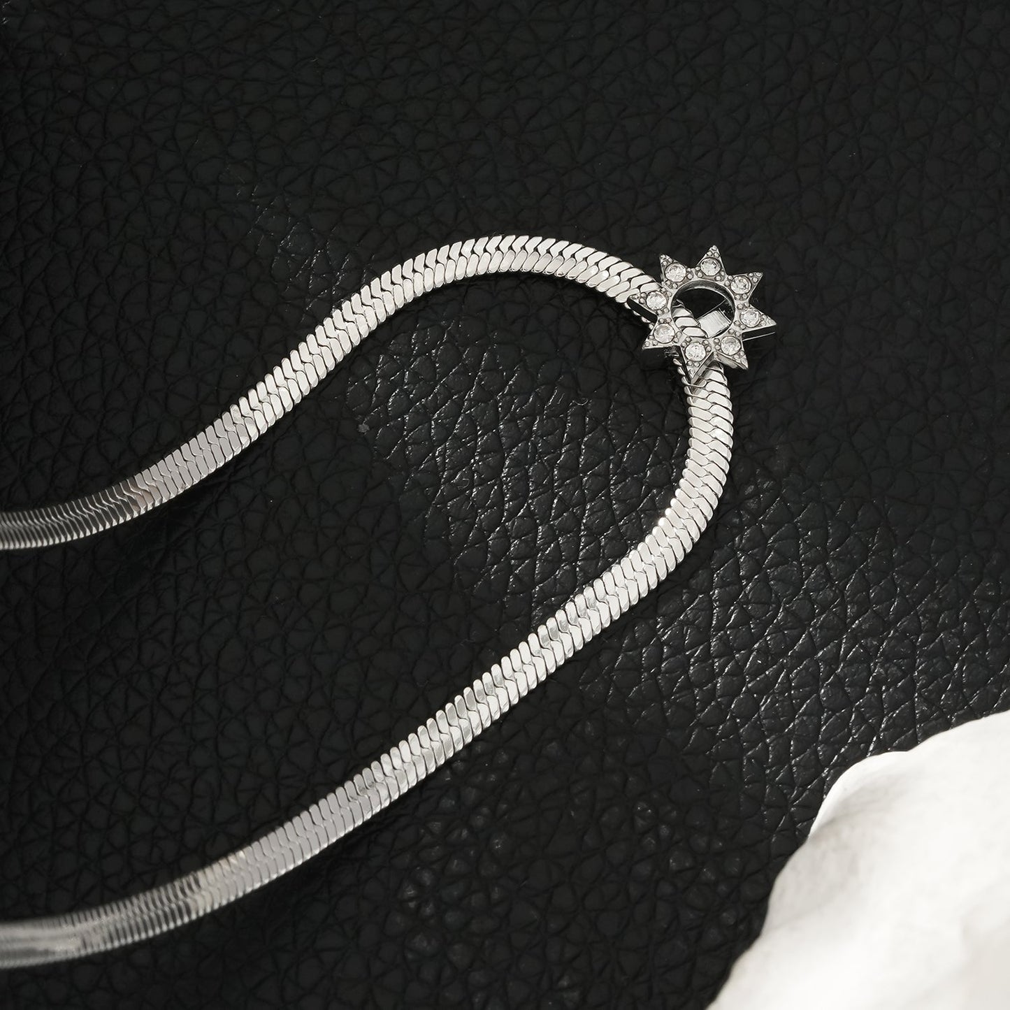 AGULHAS White Gold (Silver Toned): Celestial Elegance - Snake Skin Chain Necklace with Zirconia Embedded Star Charm