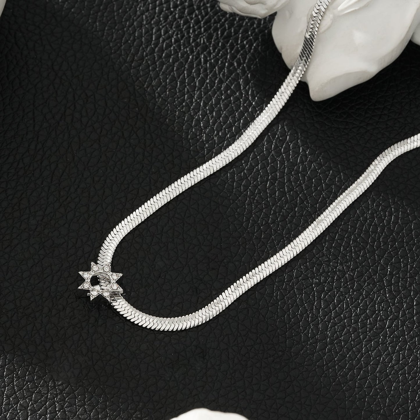 AGULHAS White Gold (Silver Toned): Celestial Elegance - Snake Skin Chain Necklace with Zirconia Embedded Star Charm