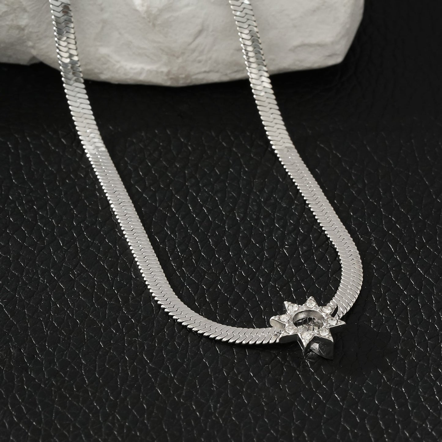 AGULHAS White Gold (Silver Toned): Celestial Elegance - Snake Skin Chain Necklace with Zirconia Embedded Star Charm