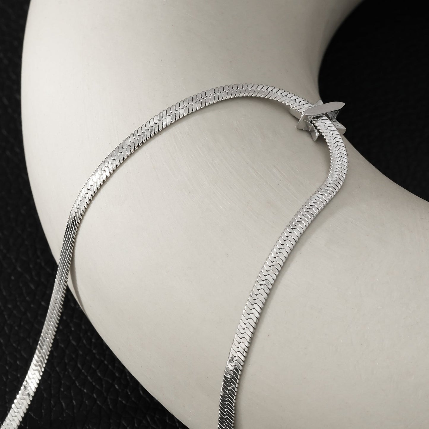 AGULHAS White Gold (Silver Toned): Celestial Elegance - Snake Skin Chain Necklace with Zirconia Embedded Star Charm