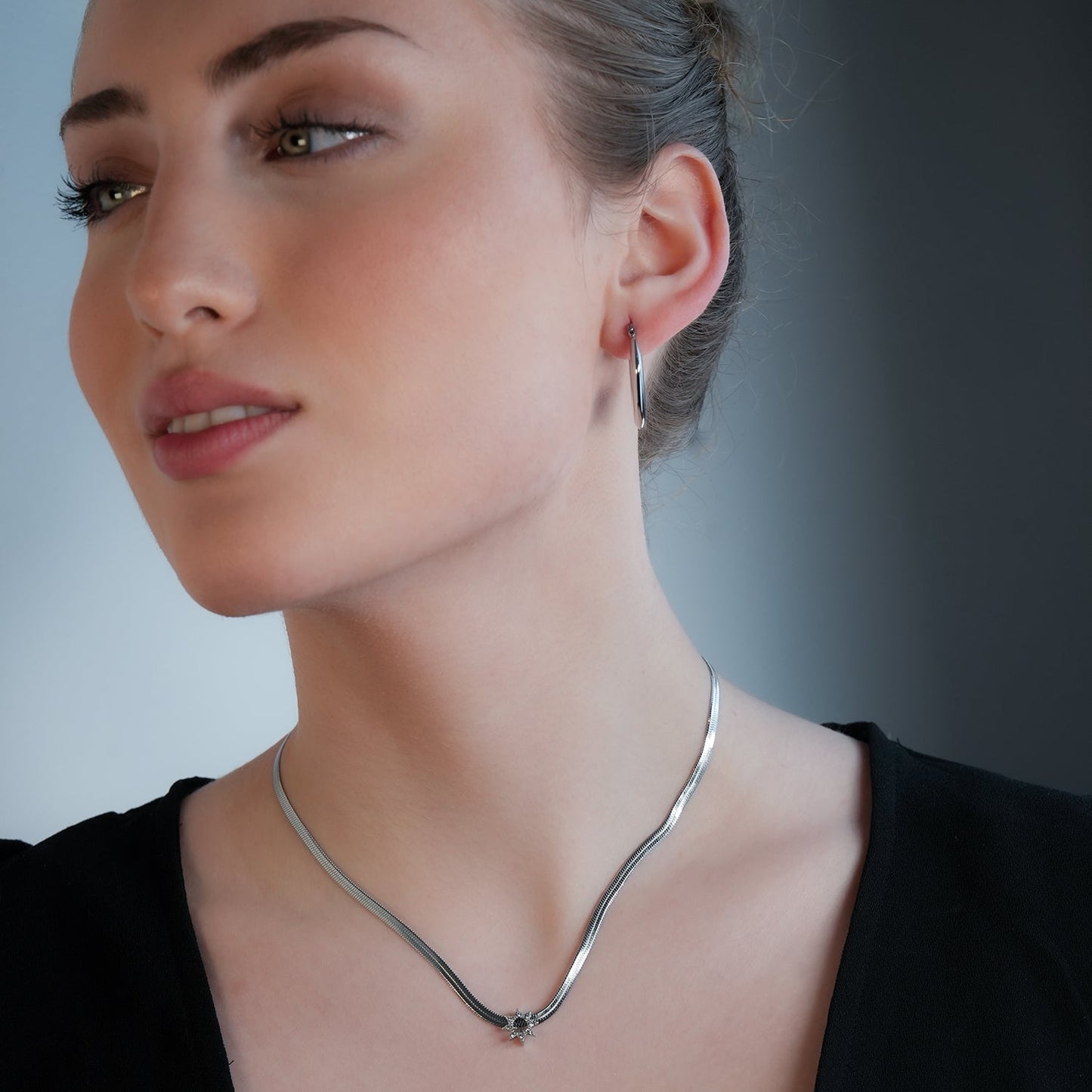 AGULHAS White Gold (Silver Toned): Celestial Elegance - Snake Skin Chain Necklace with Zirconia Embedded Star Charm