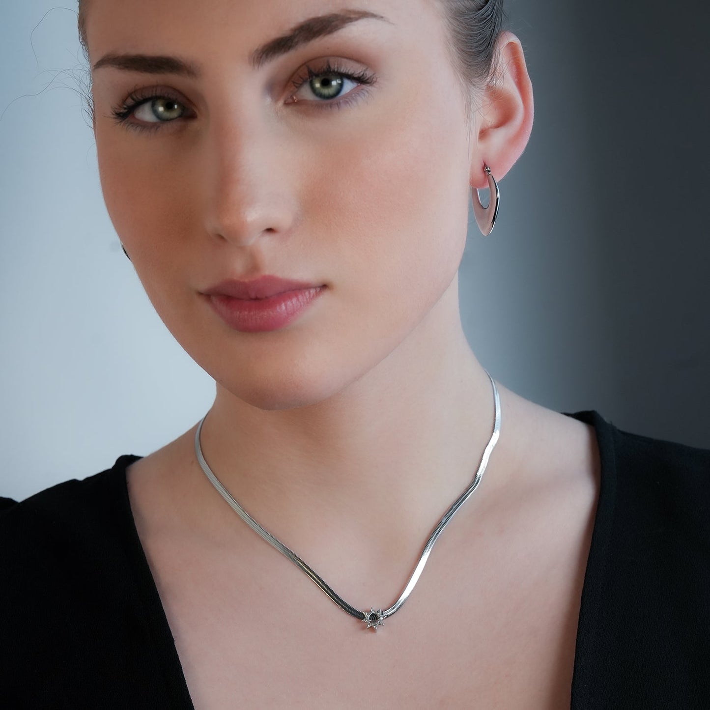 AGULHAS White Gold (Silver Toned): Celestial Elegance - Snake Skin Chain Necklace with Zirconia Embedded Star Charm