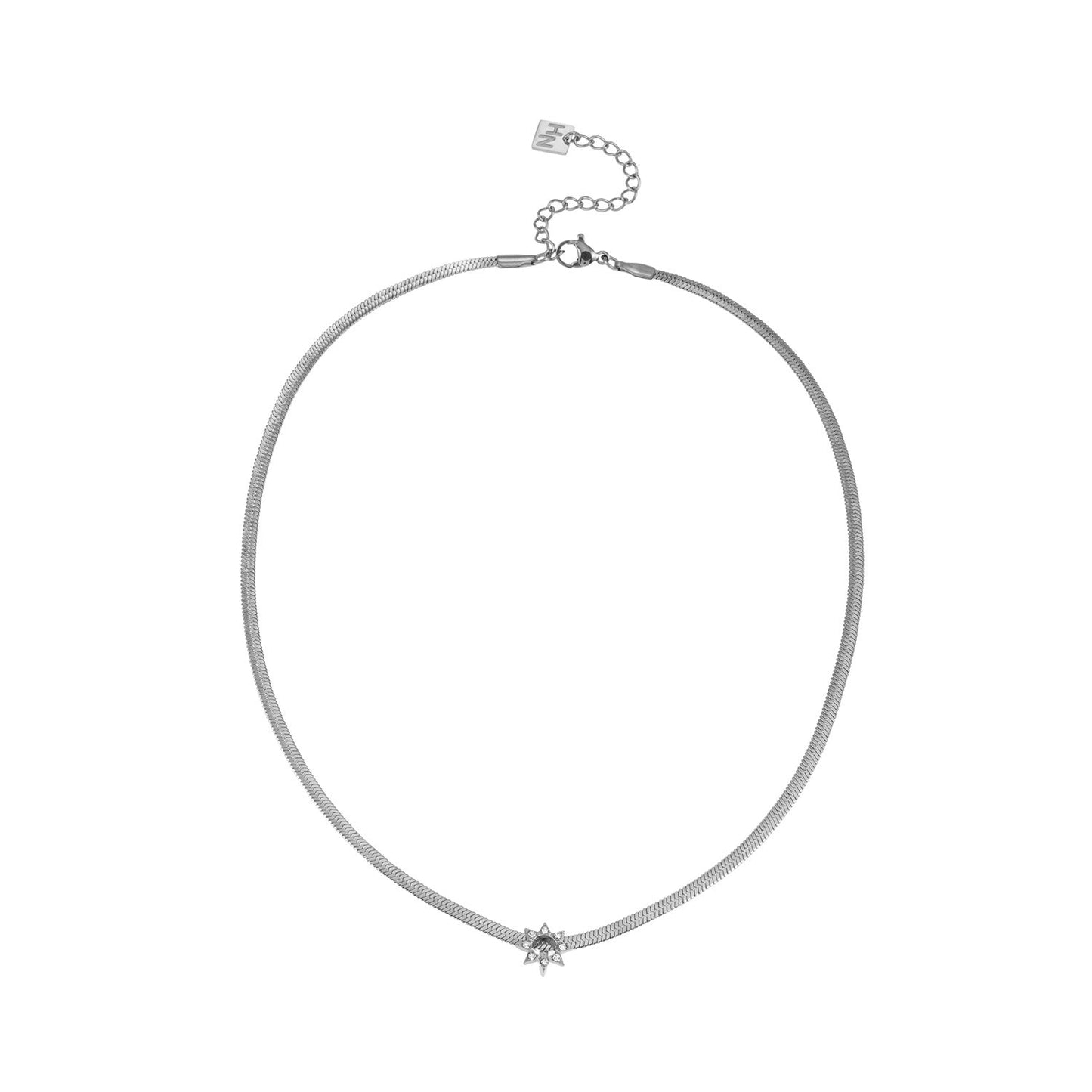 AGULHAS White Gold (Silver Toned): Celestial Elegance - Snake Skin Chain Necklace with Zirconia Embedded Star Charm