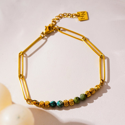 AIJAMI: Link-Chain, Gold Beads & African Turquoise Natural Stones Bracelet