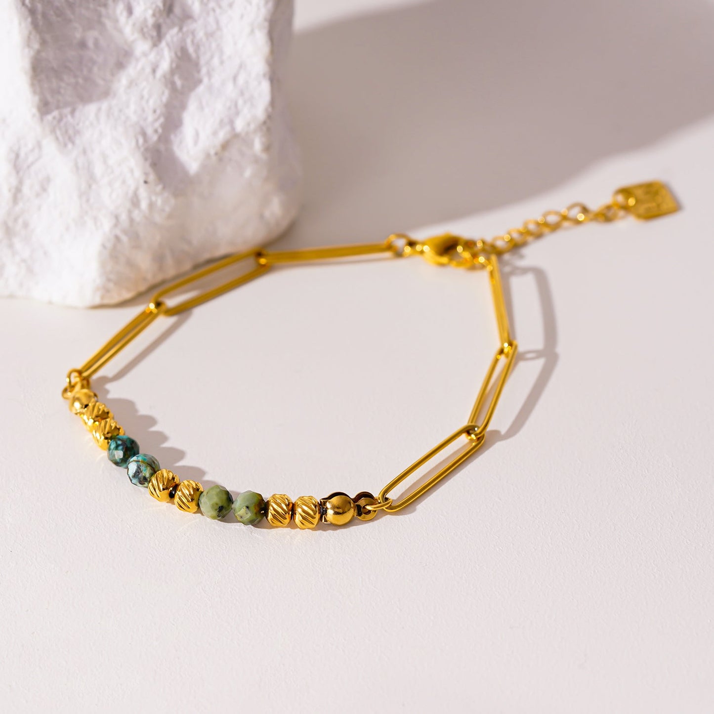 AIJAMI: Link-Chain, Gold Beads & African Turquoise Natural Stones Bracelet