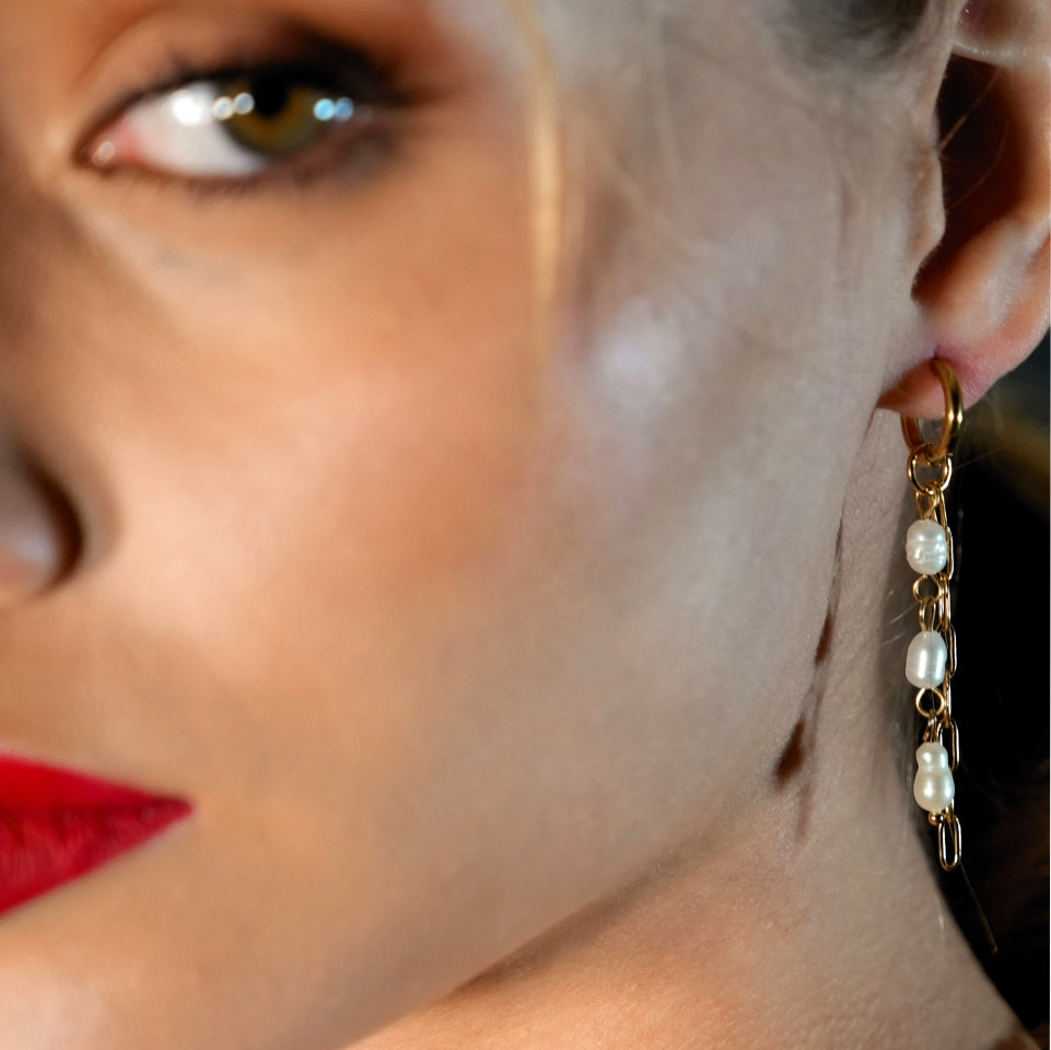 AILIA Duo of Linked Chains with Fresh Water Pearls Drop Earrings