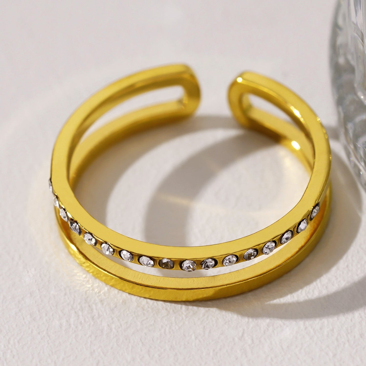 AIZA: Twin Banded Ring with Pavé Zirconia & Smooth Finish Contrasting Surfaces