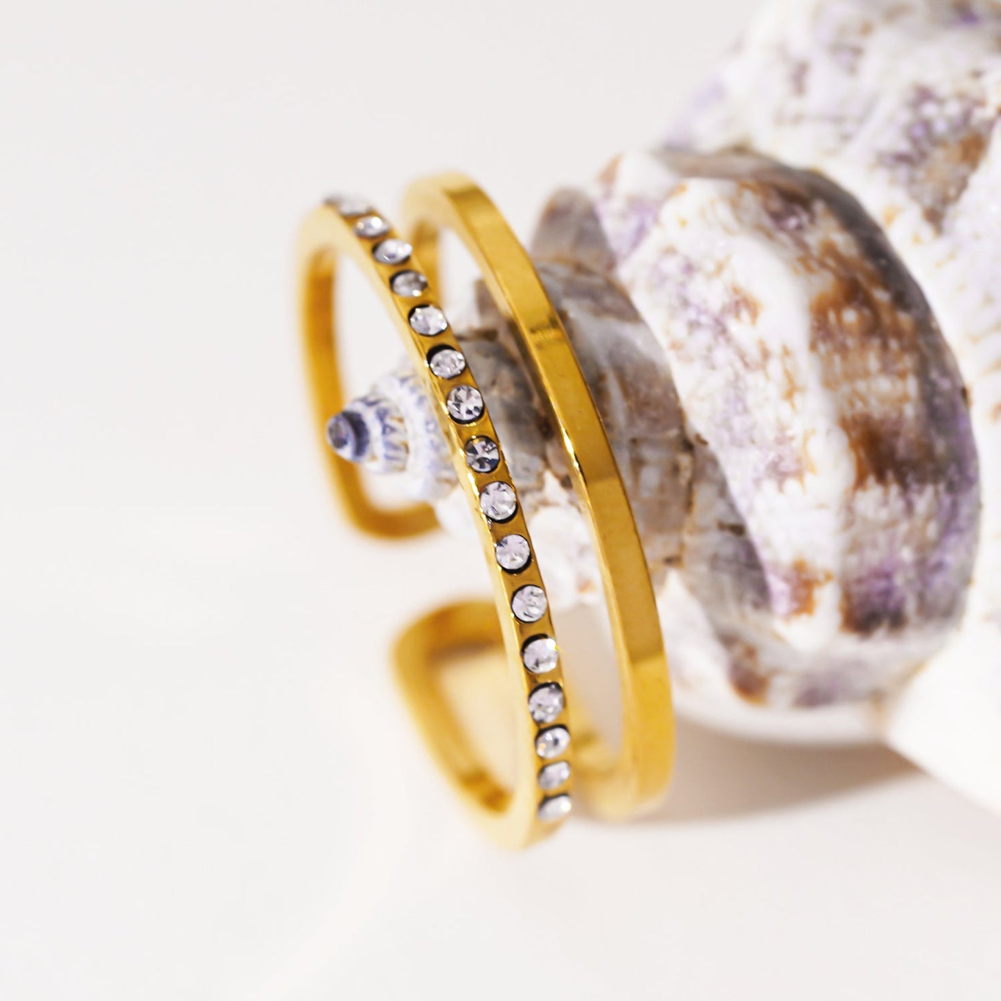 AIZA: Twin Banded Ring with Pavé Zirconia & Smooth Finish Contrasting Surfaces