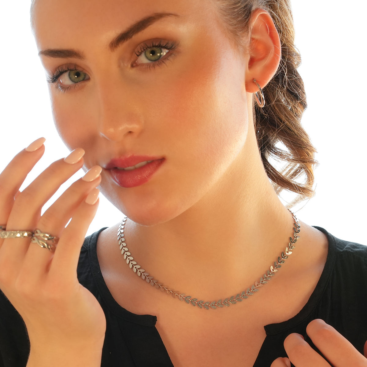 ALALA Silver Toned White Gold: Botanical Beauty Embossed Leaf Necklace