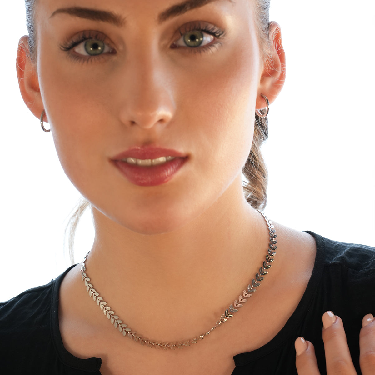 ALALA Silver Toned White Gold: Botanical Beauty Embossed Leaf Necklace