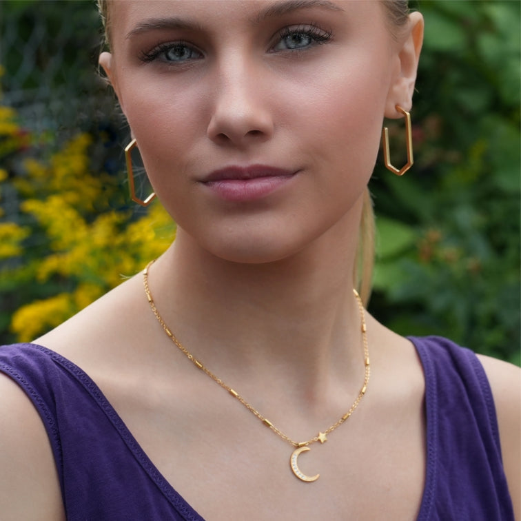 ALMERIA Gold: Celestial Magic - Zirconia Embedded Crescent Moon and Star Necklace