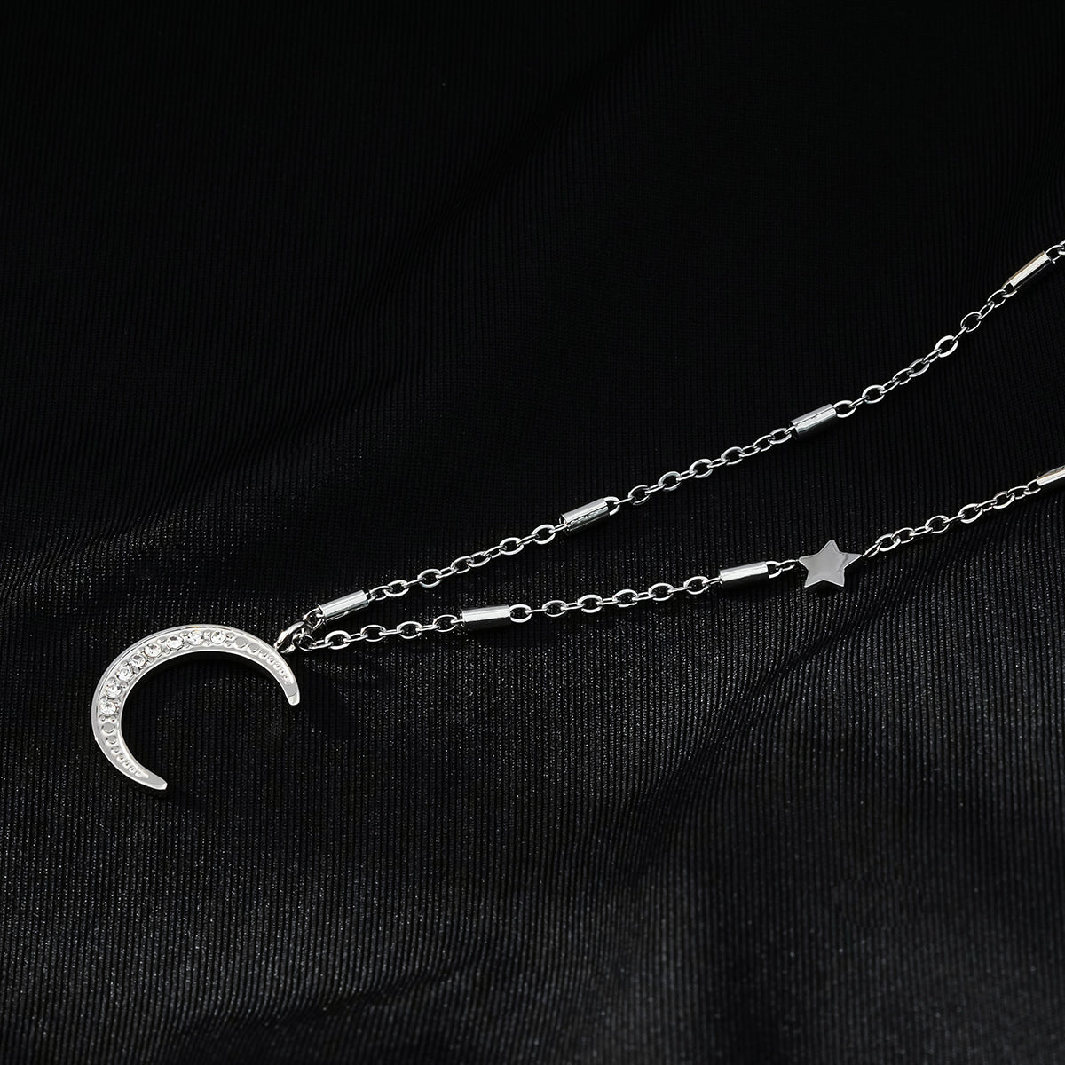ALMERIA Silver (White Gold): Celestial Magic - Zirconia Embedded Crescent Moon and Star Necklace