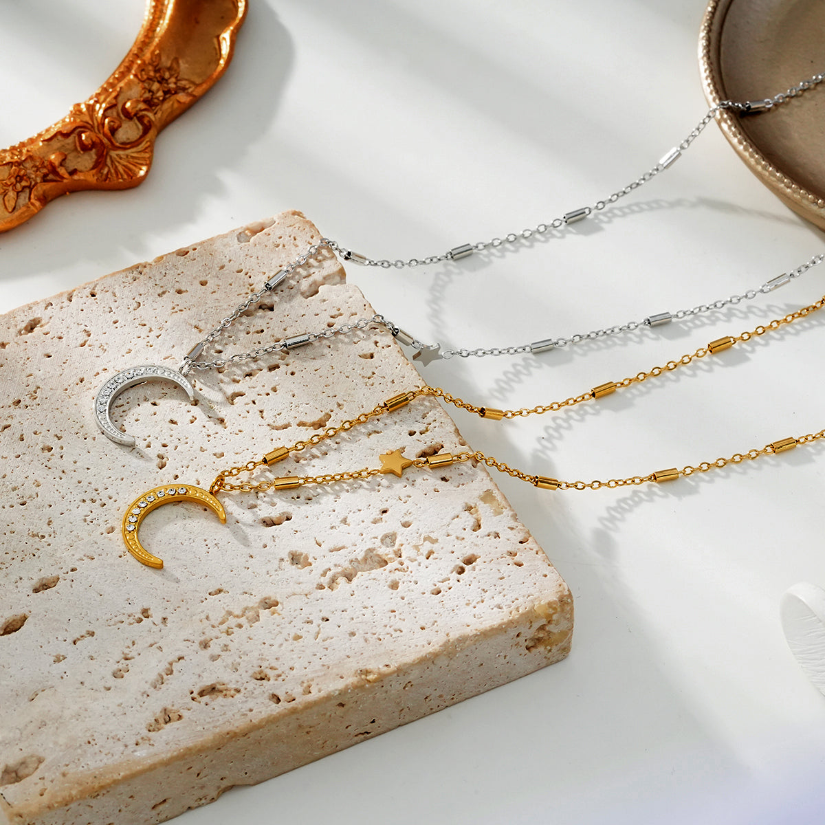 ALMERIA Silver (White Gold): Celestial Magic - Zirconia Embedded Crescent Moon and Star Necklace