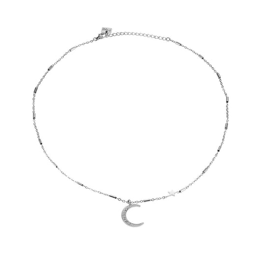 ALMERIA Silver (White Gold): Celestial Magic - Zirconia Embedded Crescent Moon and Star Necklace