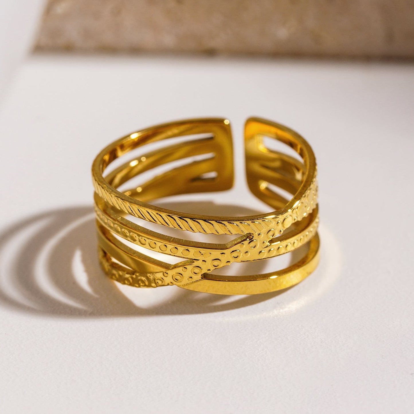 ALOIS: Cross Over Multi Stacked Textured Gold Ring