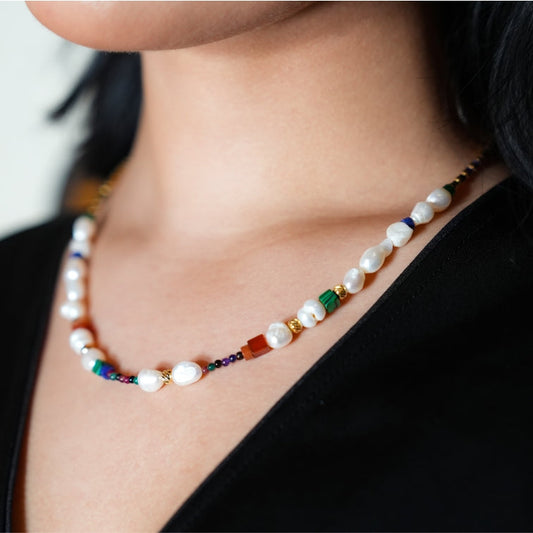AMADIA: Paradise Found - Colourful Necklace with Gold Beads, Natural Stones, and Freshwater Pearls