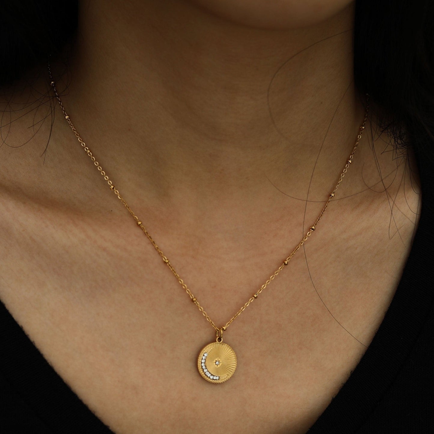 AMASA: Beaded Chain with Star & Pavé Crescent Moon Zirconia Charm - Gold