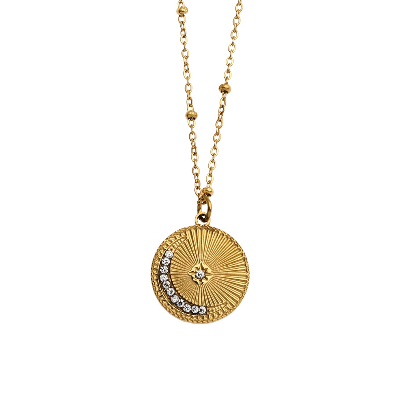 AMASA: Beaded Chain with Star & Pavé Crescent Moon Zirconia Charm - Gold