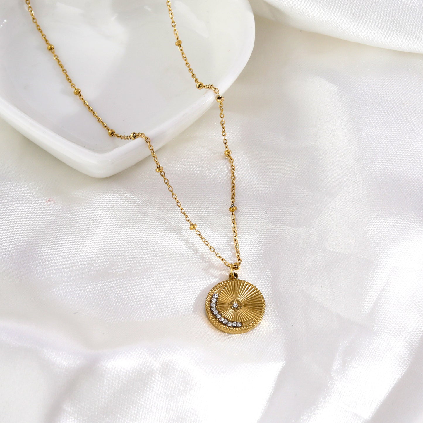 AMASA: Beaded Chain with Star & Pavé Crescent Moon Zirconia Charm - Gold