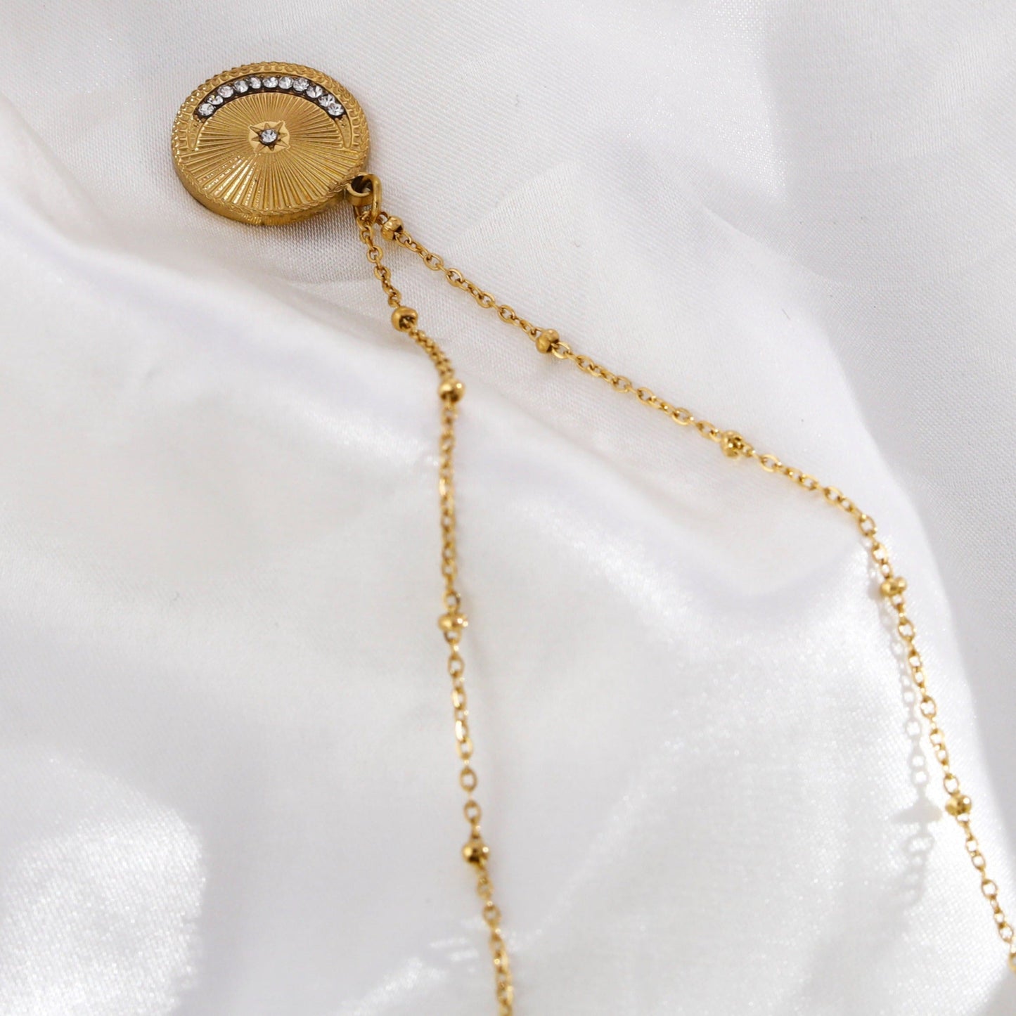 AMASA: Beaded Chain with Star & Pavé Crescent Moon Zirconia Charm - Gold