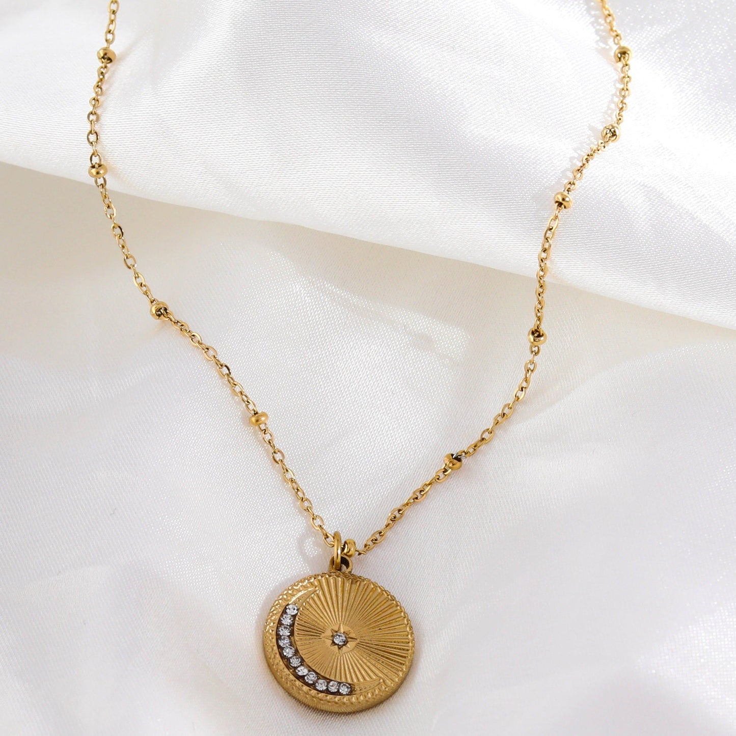 AMASA: Beaded Chain with Star & Pavé Crescent Moon Zirconia Charm - Gold