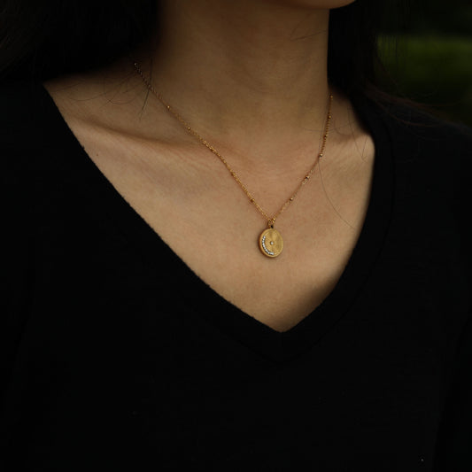 AMASA: Beaded Chain with Star & Pavé Crescent Moon Zirconia Charm - Gold