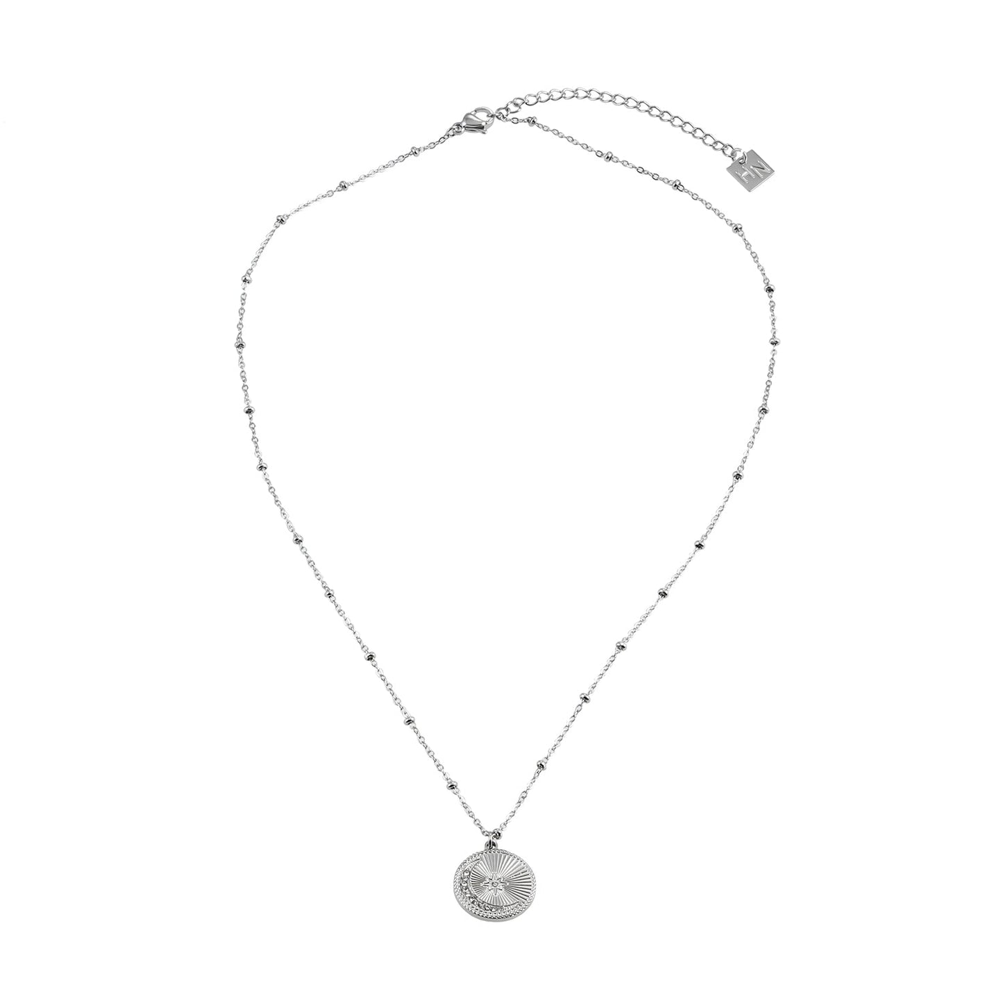 AMASA: Beaded Chain with Star & Pavé Crescent Moon Zirconia Charm - Silver