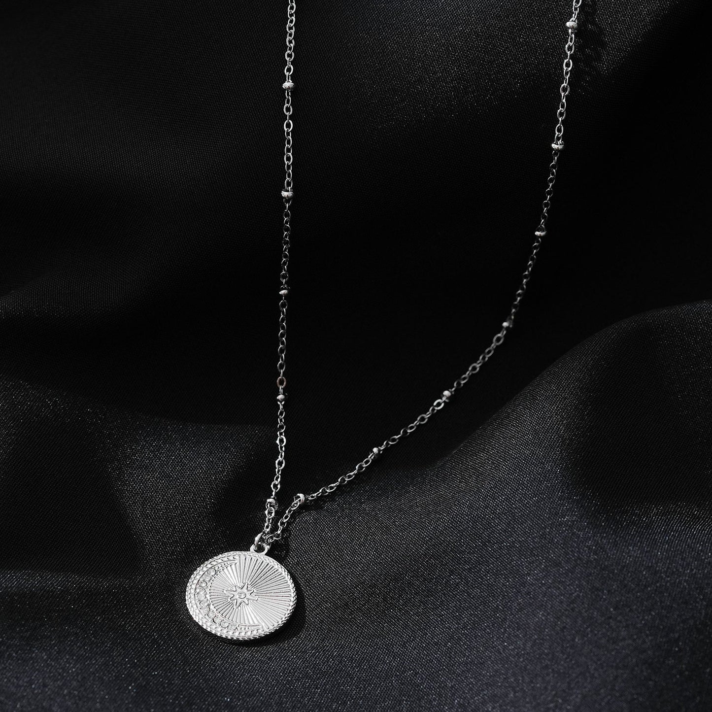 AMASA: Beaded Chain with Star & Pavé Crescent Moon Zirconia Charm - Silver