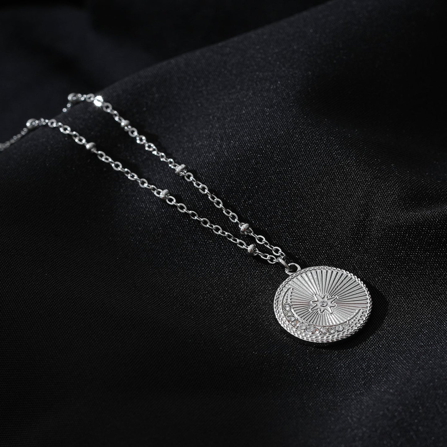 AMASA: Beaded Chain with Star & Pavé Crescent Moon Zirconia Charm - Silver