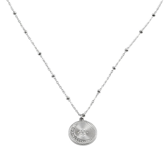 AMASA: Beaded Chain with Star & Pavé Crescent Moon Zirconia Charm - Silver