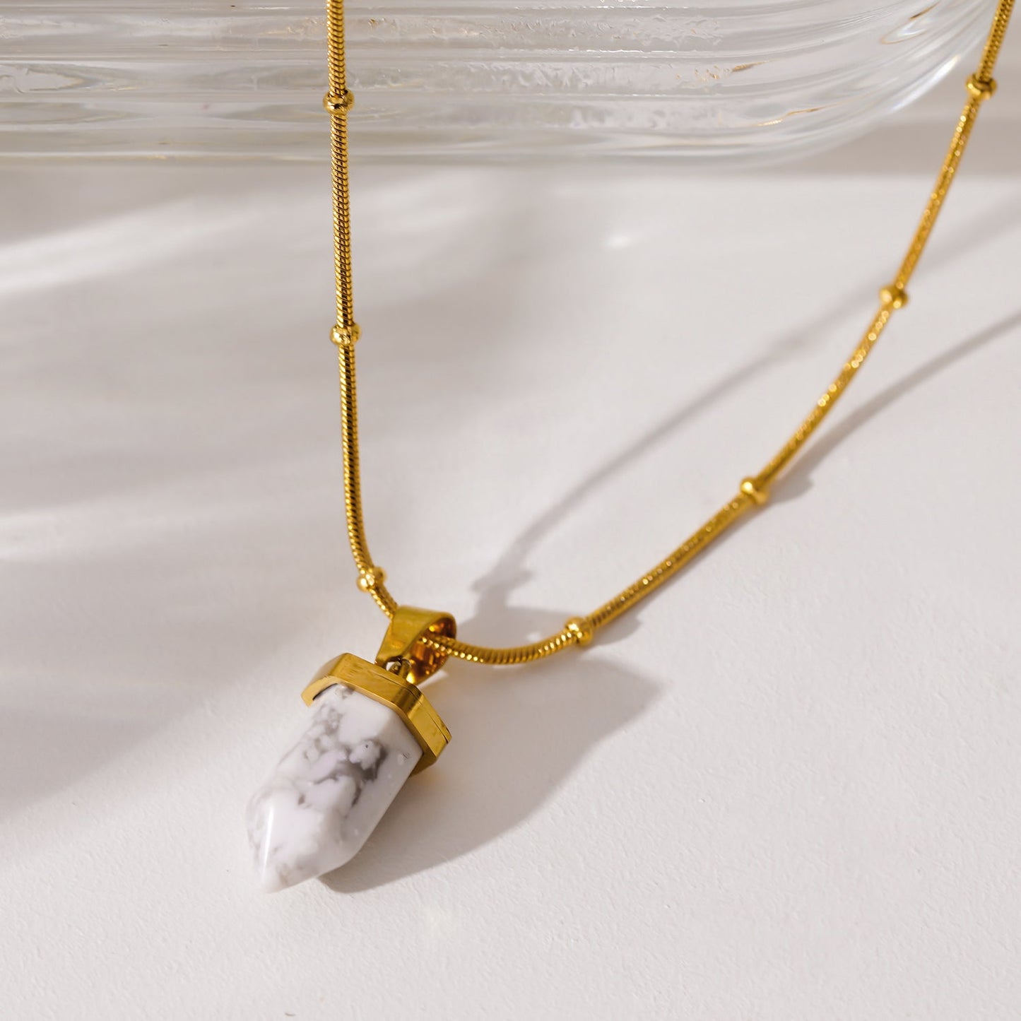 AMELIE: White Turquoise Stone Pendant Anchored on a Beaded Snake Skin Textured Chain Necklace