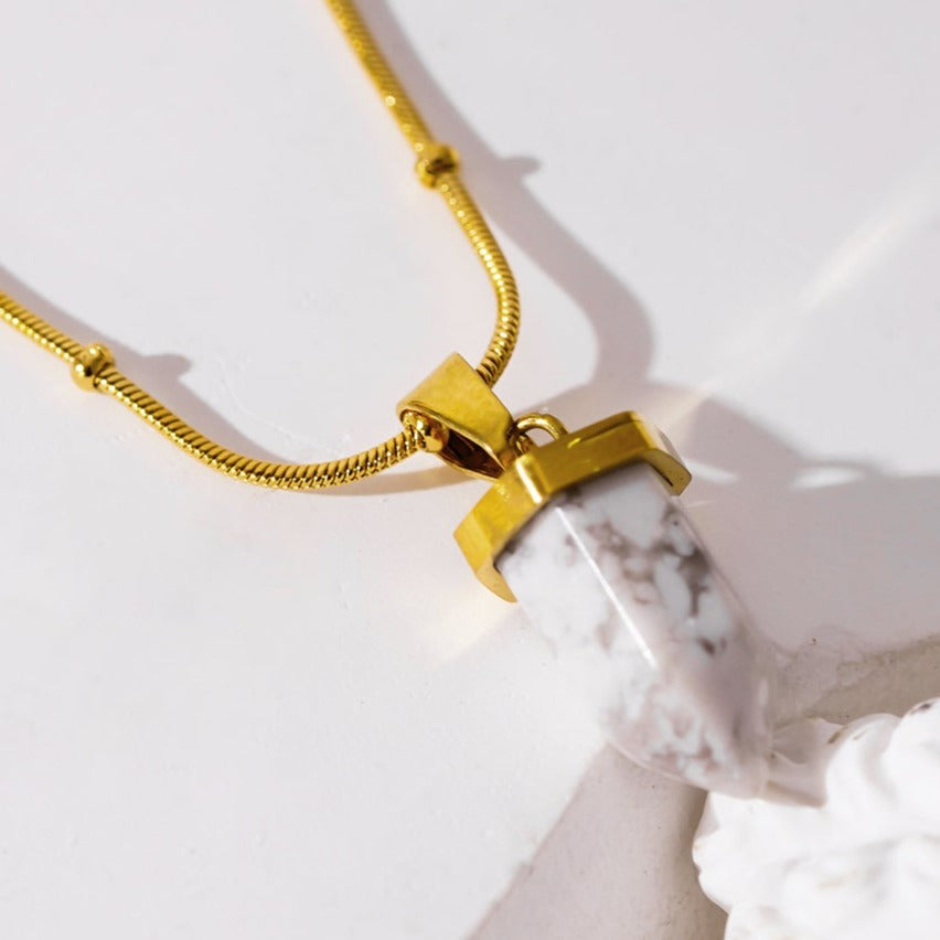 AMELIE: White Turquoise Stone Pendant Anchored on a Beaded Snake Skin Textured Chain Necklace