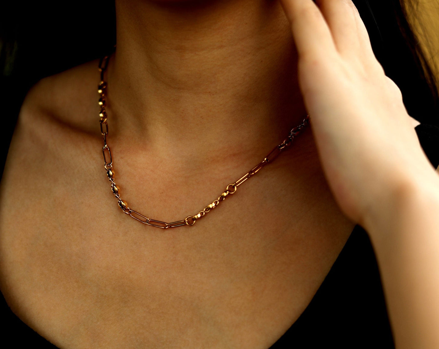 AMMA Gold: Paper-Clip & Oval-Beads Chain Necklace