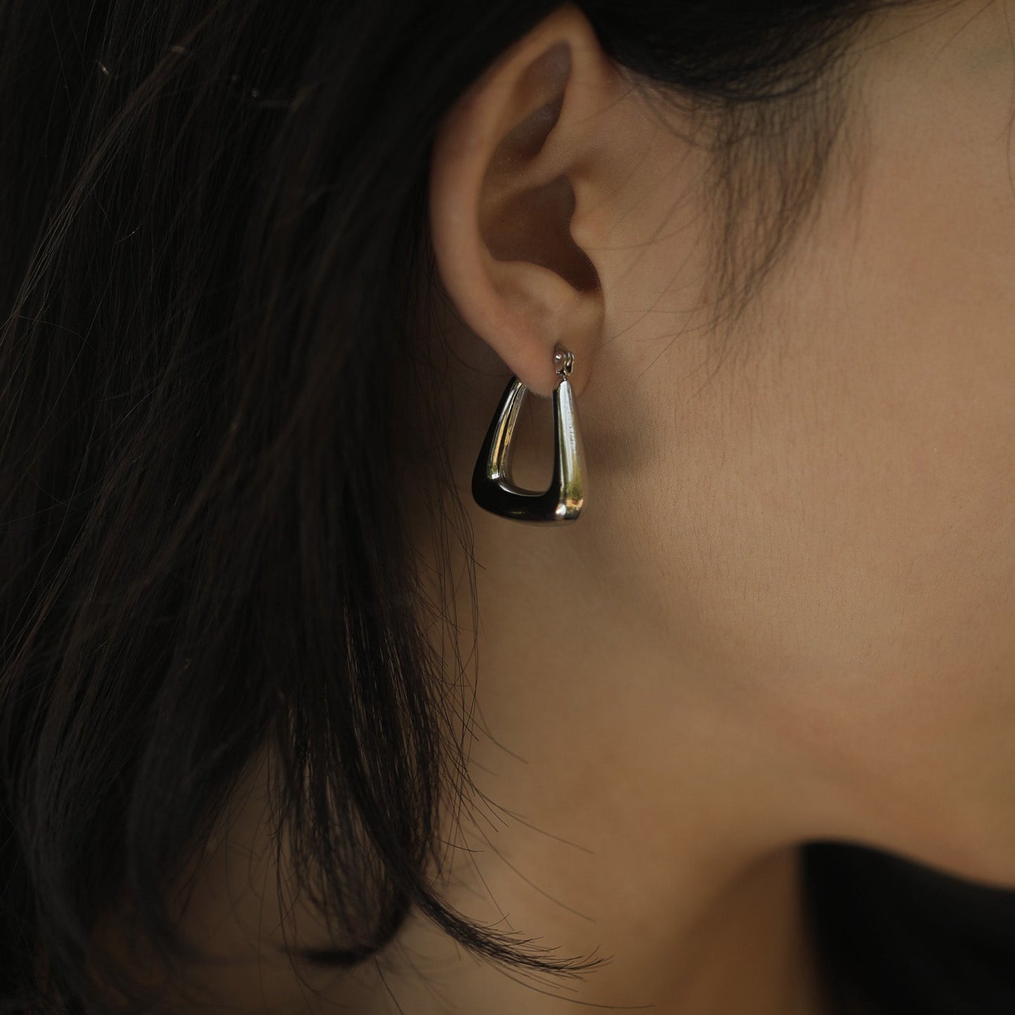 ANIKA: White Gold (Silver Toned) Triangular Chunky Mini Hoop Earrings