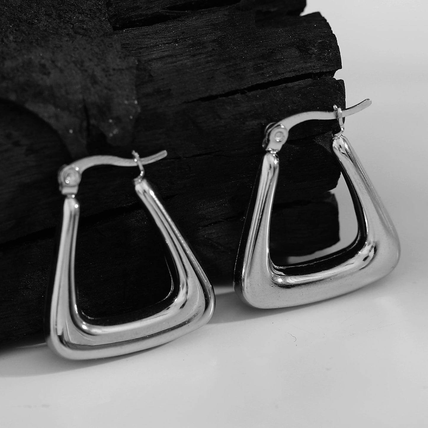 ANIKA: White Gold (Silver Toned) Triangular Chunky Mini Hoop Earrings