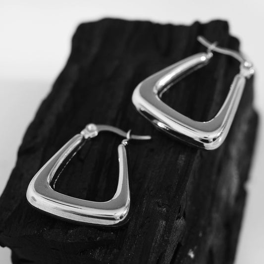 ANIKA: White Gold (Silver Toned) Triangular Chunky Mini Hoop Earrings
