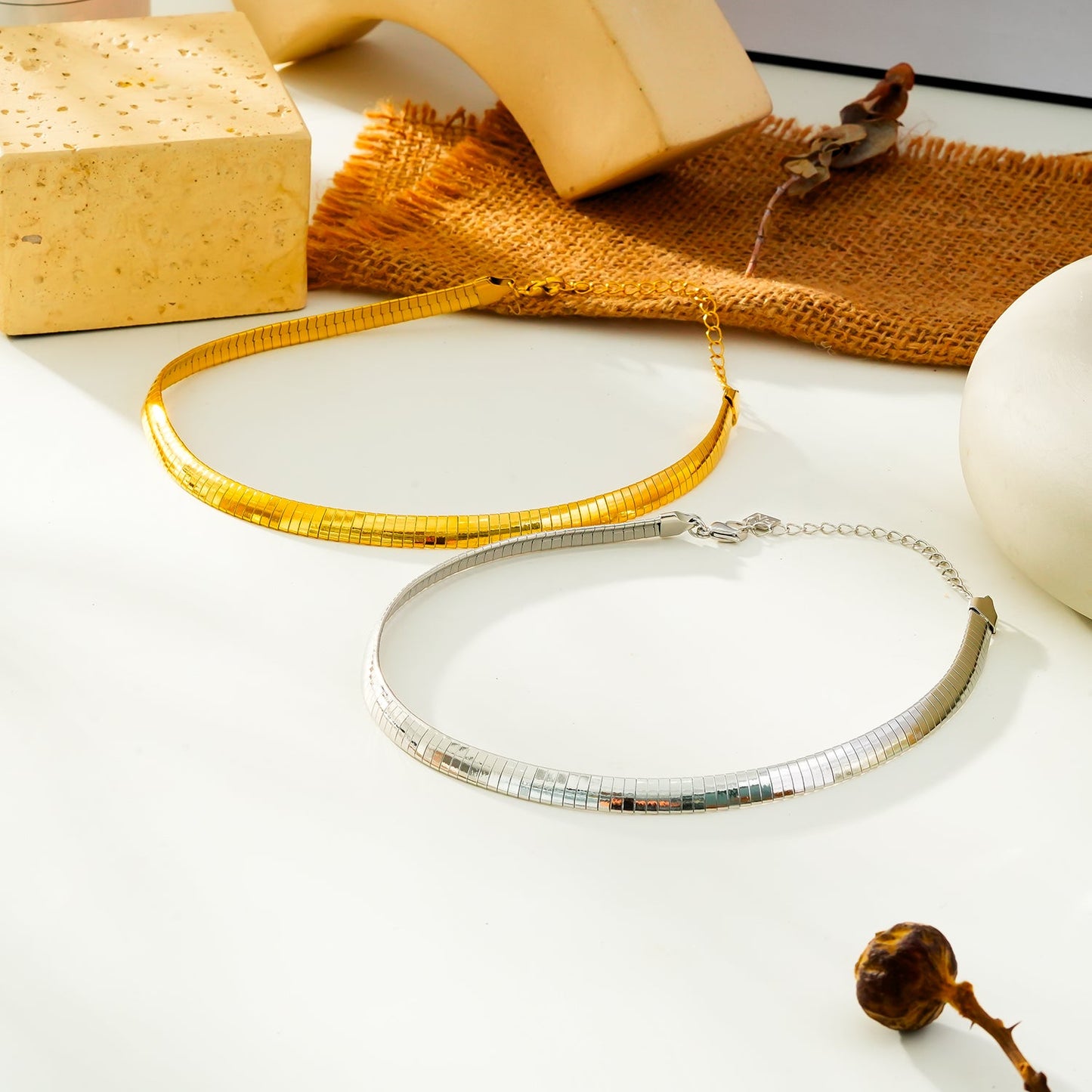 ANJILMA Gold: Minimalist Textured Choker Collar Necklace.